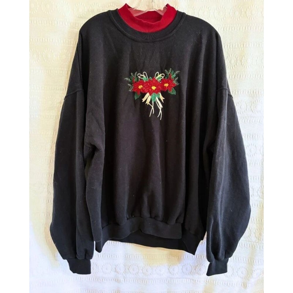 Vintage Poinsettia Christmas Sweatshirt Embroidered Mock Neck Grandma Crewneck